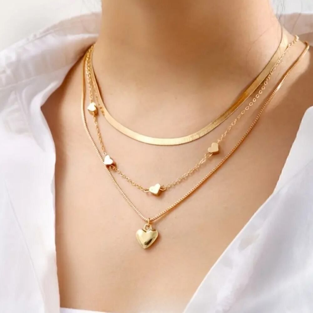 3 Pack Stainless Steel Chain Necklaces with Heart Shaped Charms  Gold Plated